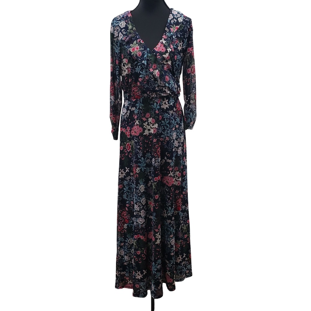 Robert Louis Floral Maxi Dress Navy Blue V Neck Long Sleeve Wrap Style Size M